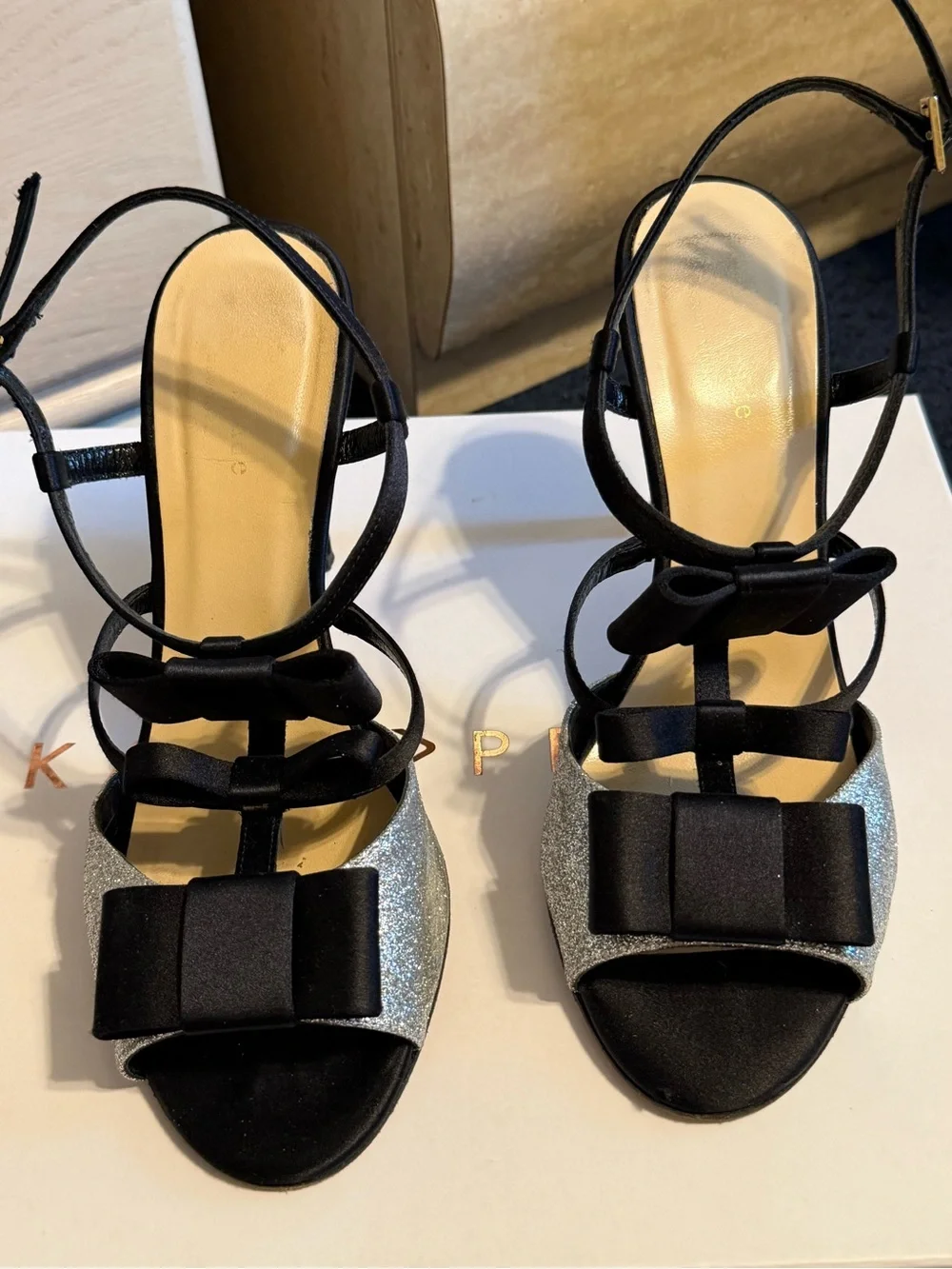 kate spade Black Satin Bow Silver Glitter Strappy Heels